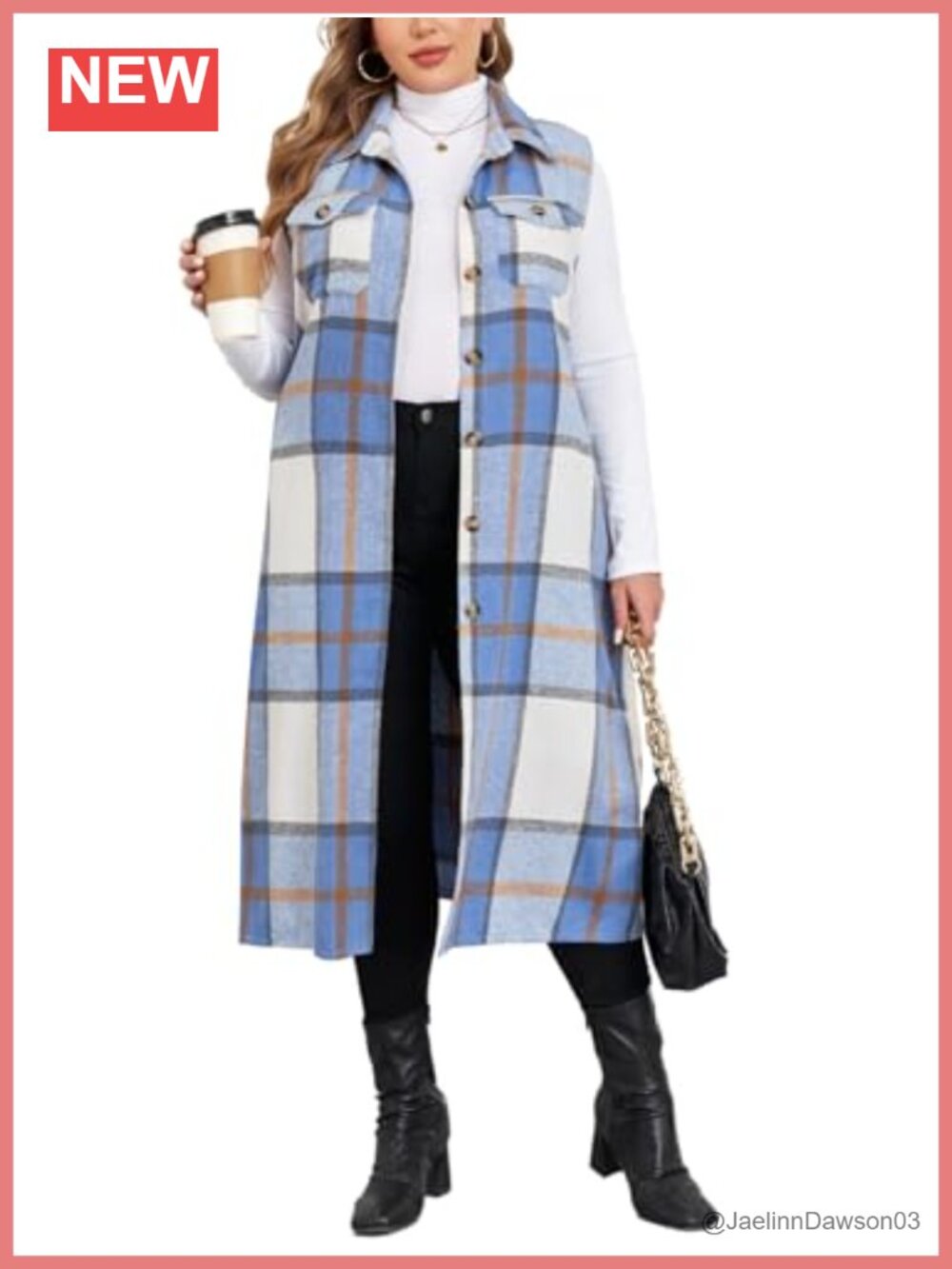 Plus Size Flannel Plaid Long Midi Vest with Pockets Button Down Sleeveless